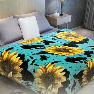 Teal Cowprint with Sunflowers King Size Throw Blanket