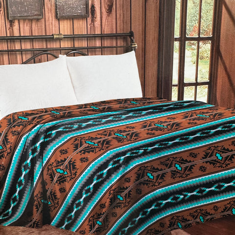 Brown and Teal Aztec Print King Size Throw Blanket